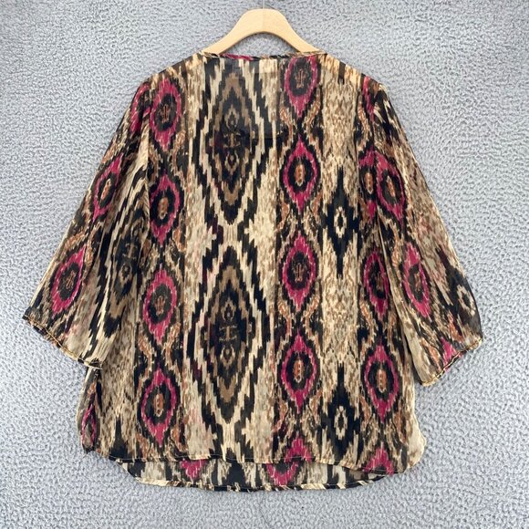 Chicos Top Womens 1 US Medium Brown Multi Ikat Embellished 3/4 Sleeves Blouse - Picture 3 of 9